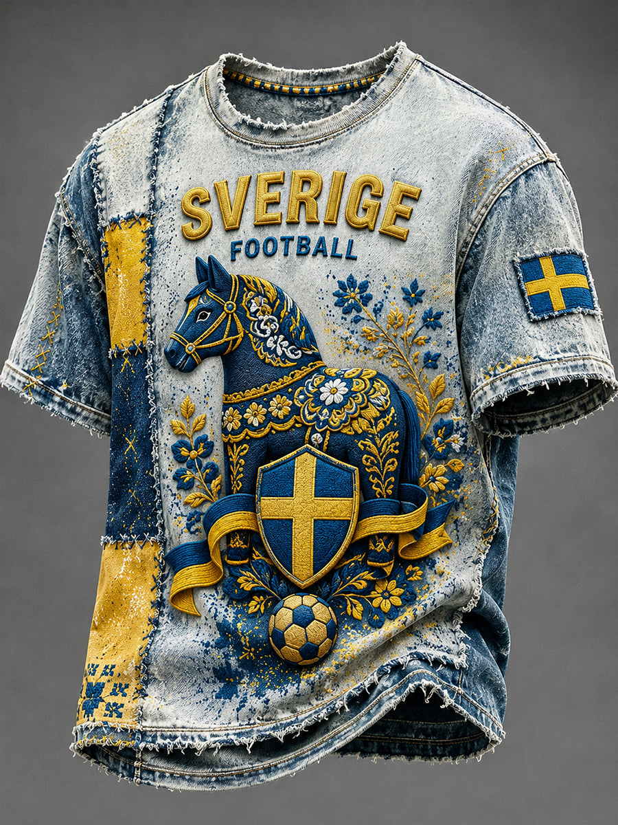 Retro svensk fotbollsfan-konsttryck avslappnad t-shirt