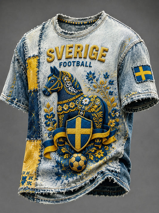 Retro svensk fotballfan-kunsttrykk avslappet t-skjorte