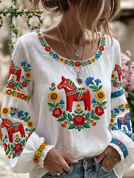 Kvinner Retro Svensk midsommer Folk Blomstret Bomull-lin Trykt topp