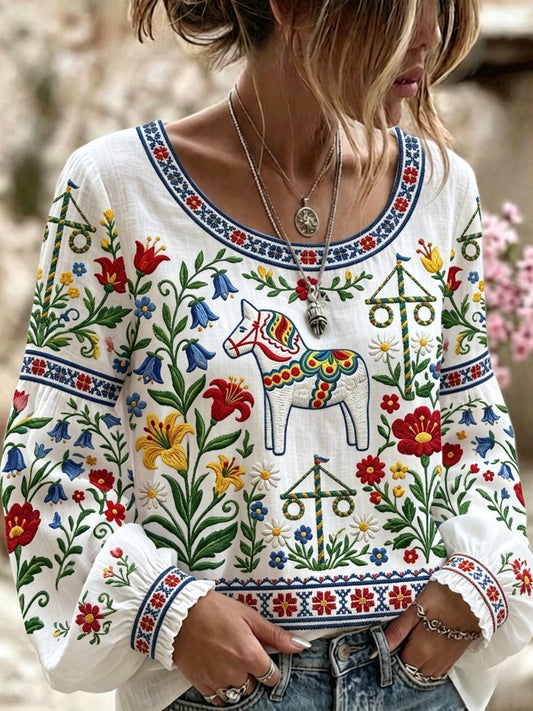 Damens retro svensk midtsommer-folk-stil blomstret bomull-lin-topp med trykk