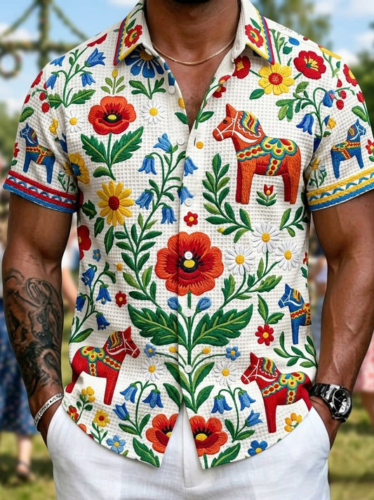 Mans retro svensk midtsommer folkeblomstret vaffelgenser