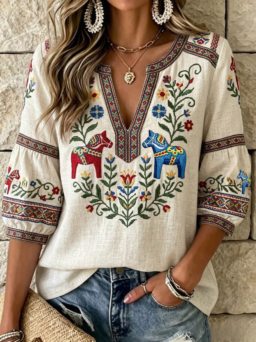 Dams Retro Svensk Midsommar Folkal Blus i Bomull-Linne