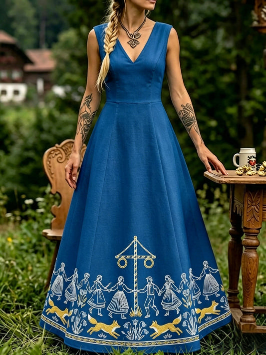 Dame Retro Svensk Midtsommer Folkelig Blomsterkjole