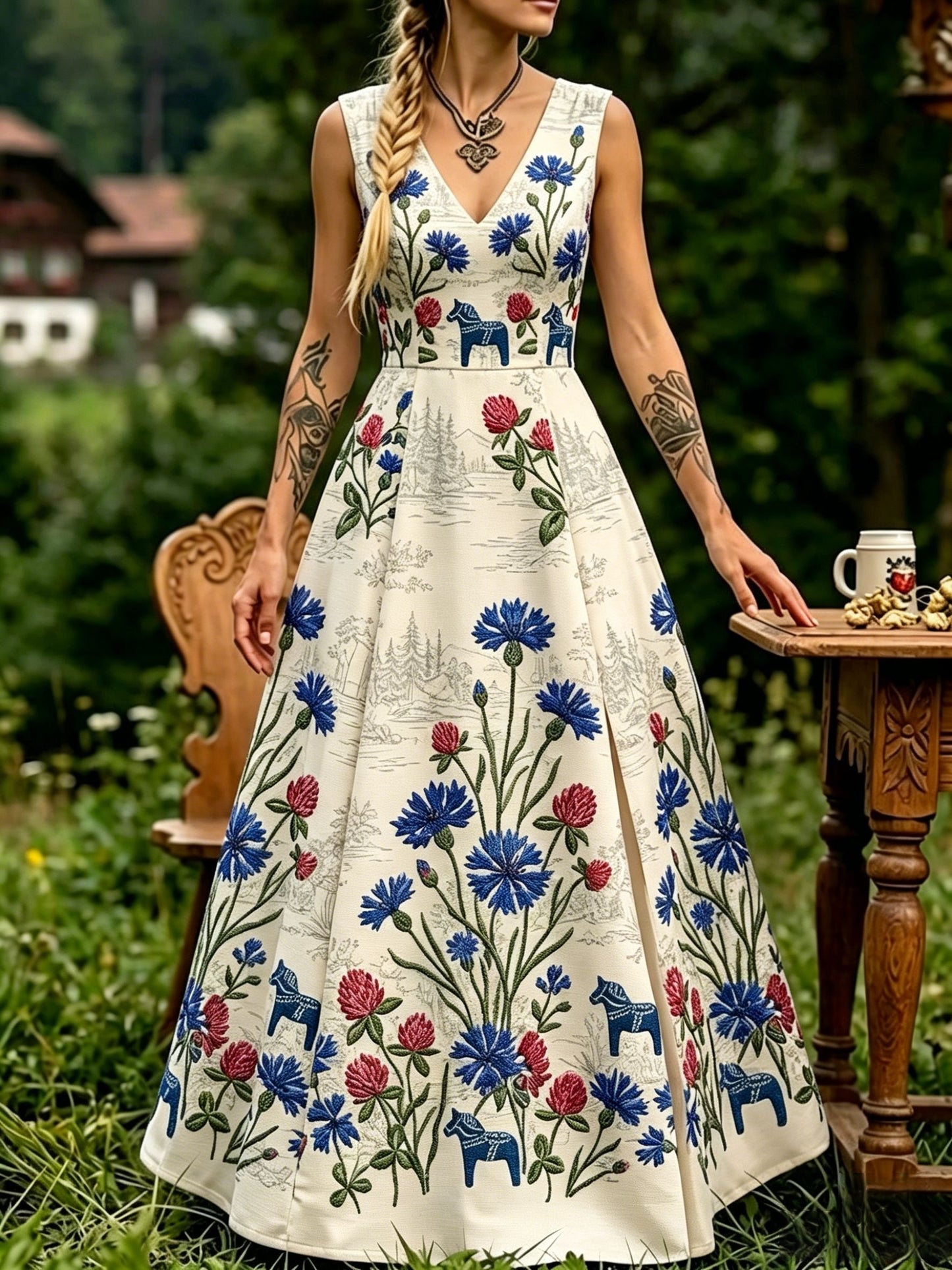 Kvinnor Retro Svenska midsommar Folkblommisklänning