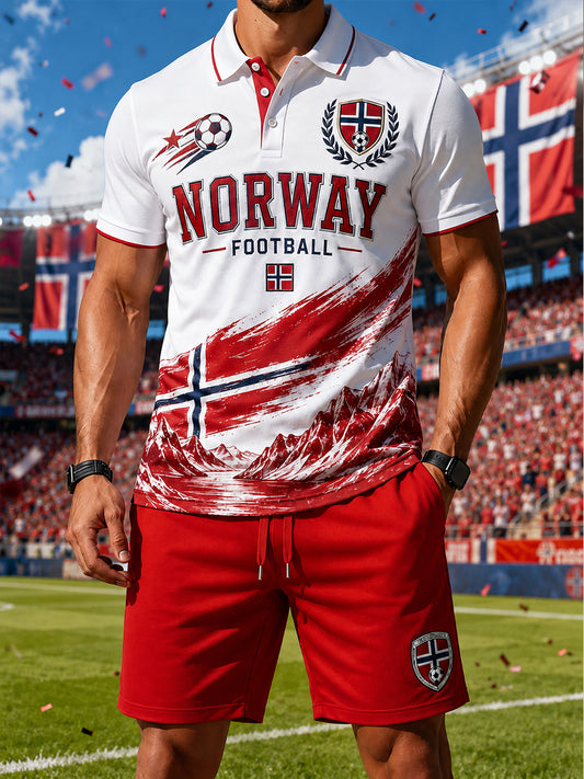 Retro fotballfan-trykk i nordisk stil for Norge, uformelt sportsmotiv på todelt sett