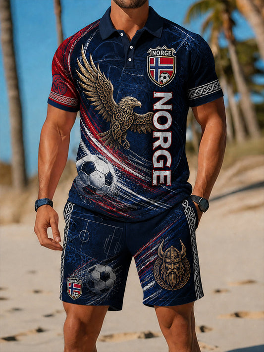 Retro fotballfan-trykk i nordisk stil for Norge, uformelt sportsmotiv på todelt sett