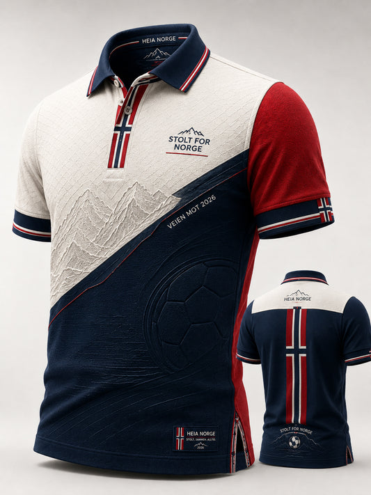 Retro norsk fotball-polo-skjorte 2026 med snøfjellskunst