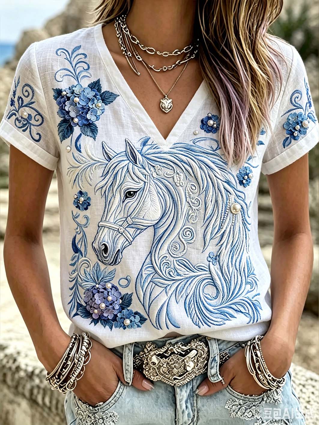 Kvinnors djur och växt blomma mönster Tryckt lin Kort ärm T-shirt