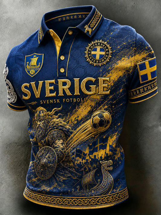 Retro svensk fotballfanart-trykk avslappet piké t-skjorte