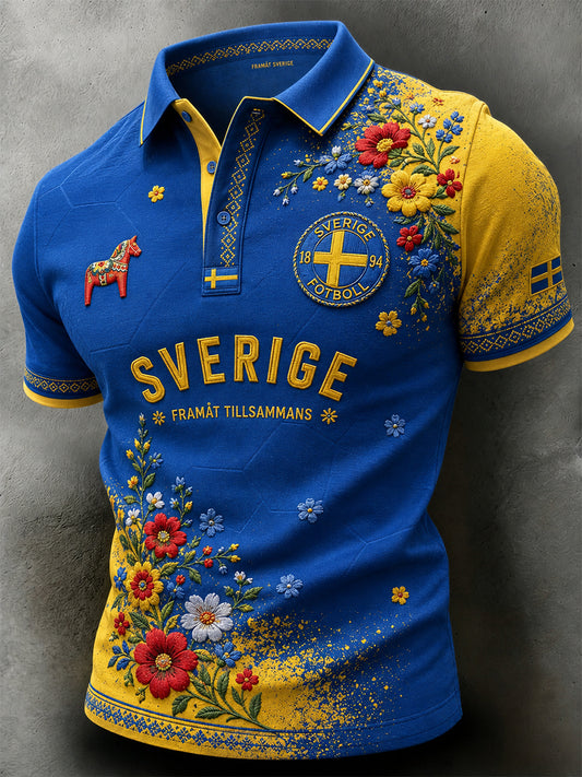 Retro svensk fotballfanart-trykk avslappet piké t-skjorte