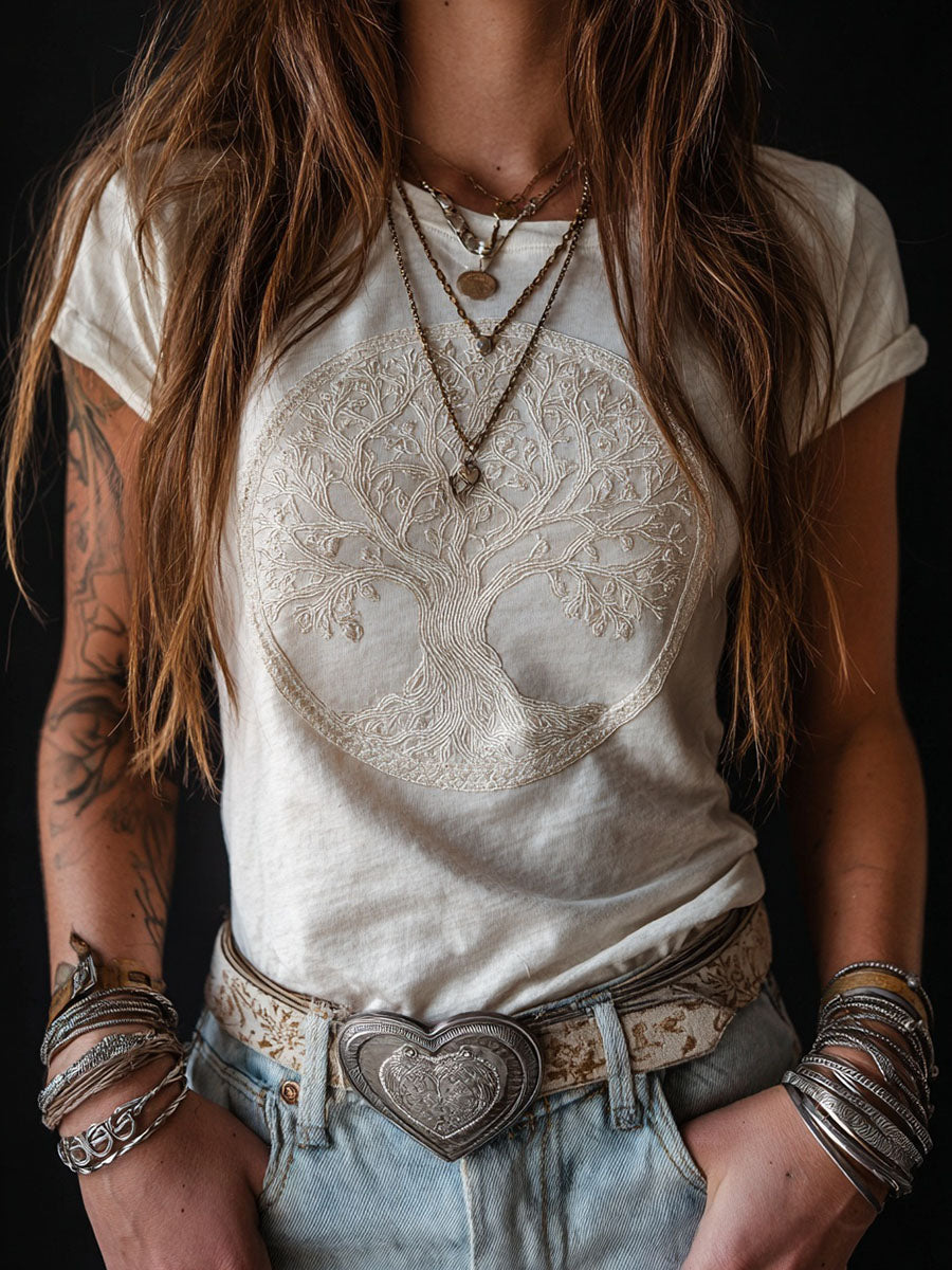 Kvinnors Vintage VIking Träd av livsmönster Skriv ut kortärmad T-shirt