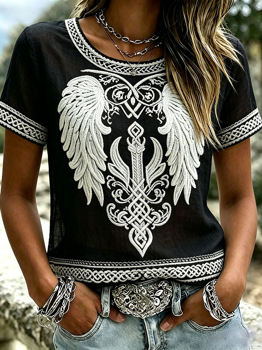 Kvinnors Vintage Viking Celtic Wings Print Lin Short-T-shirt