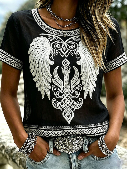 Kvinner Vintage Viking Celtic Wings Trykk Lin Kort-T-skjorte