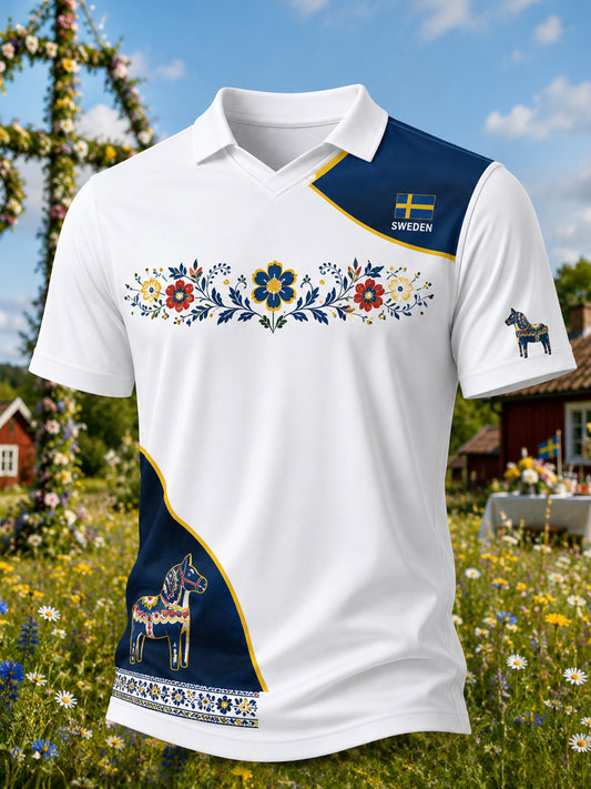 Herregenser med V-hals og kunsttrykk til minne om svensk midtsommer