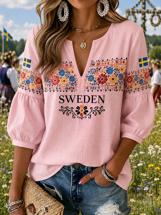 Damens svenske midtsommer-minnekunsttrykk V-halset topp