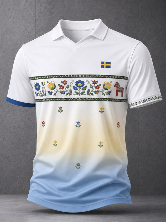 Herregenser med V-hals og kunsttrykk til minne om svensk midtsommer