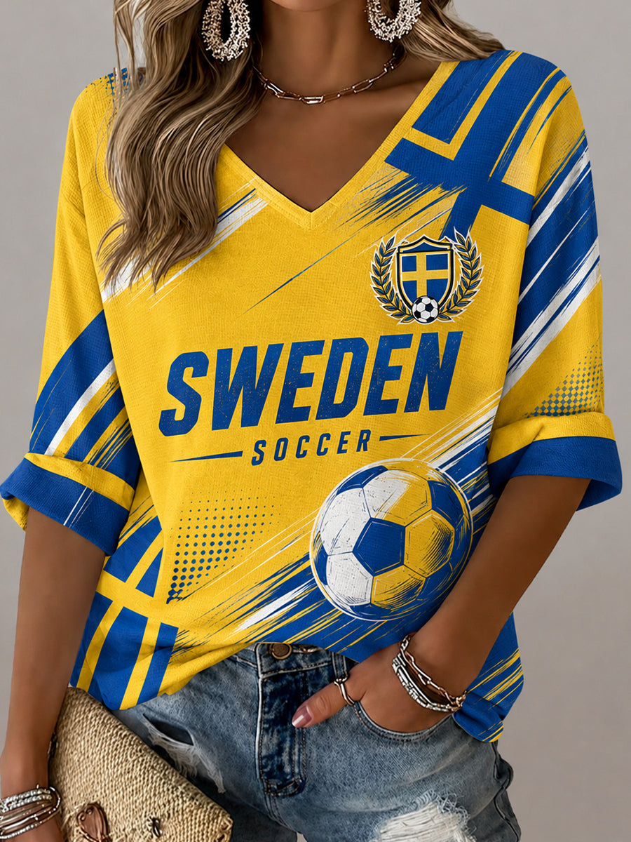 Dammens retro svensk fotbollssupporterkonsttryck avslappnad topp