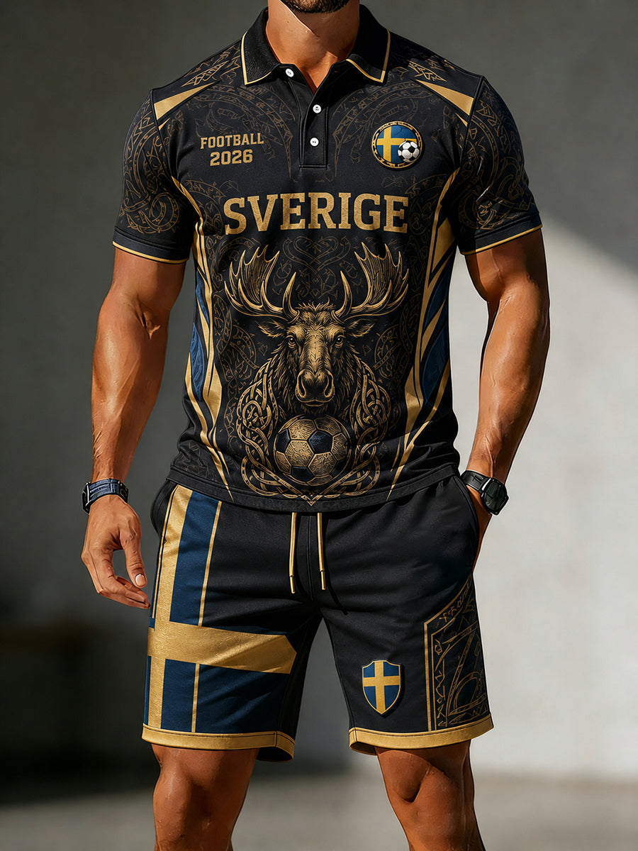 Mäns Retro Viking fotboll Print Short-Sleeve Polo skjorta Set