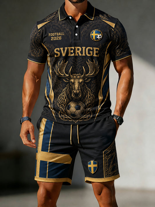 Herre retro Viking fotballtrykk kortermet poloskjorte-sett