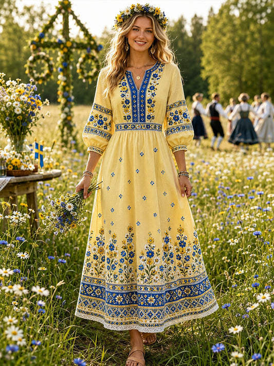 Dammens midtsommerkjole med blomstermønster og v-hals