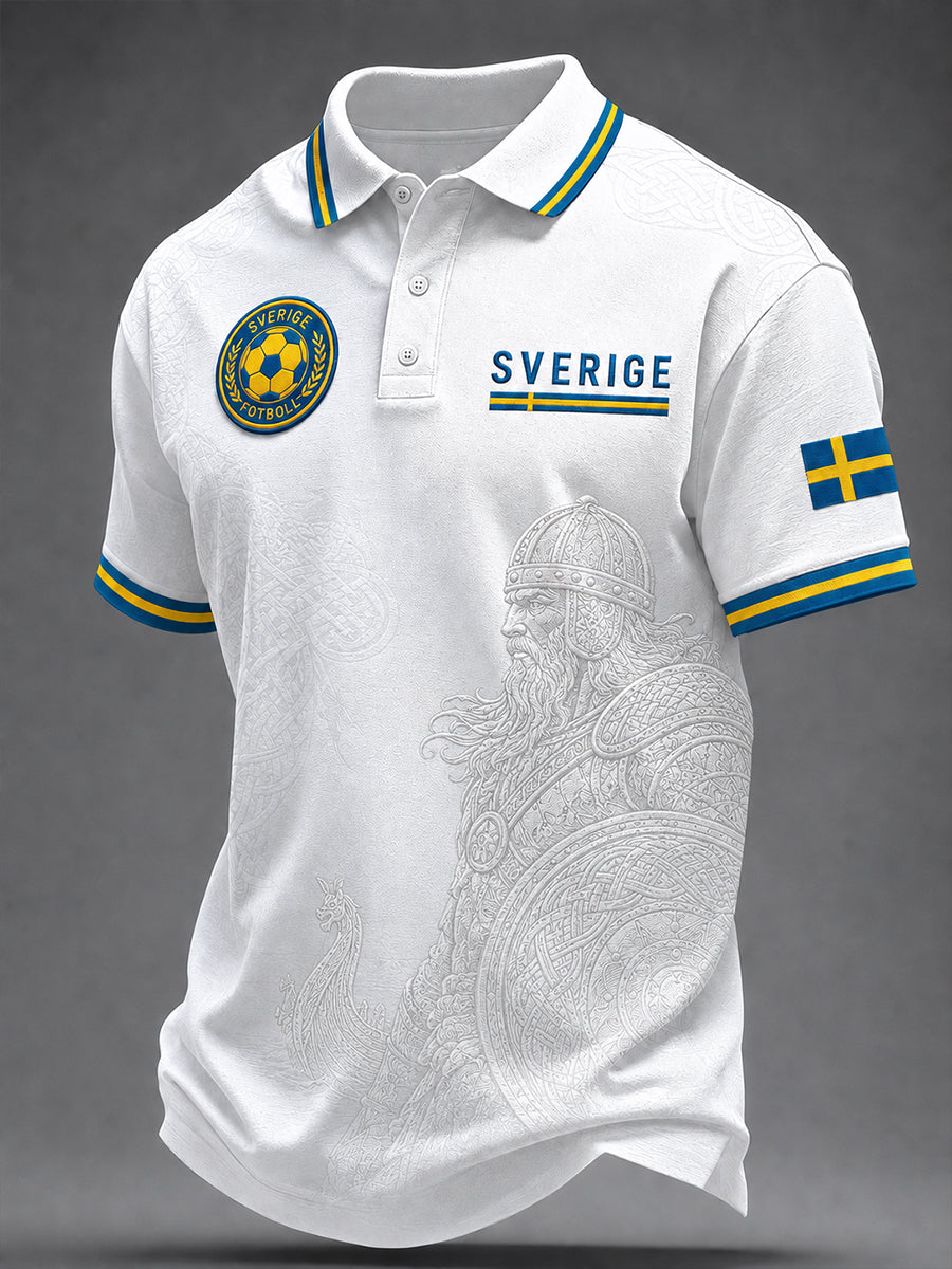 Retrodammsugare för män med svensk fotbollsskärm konsttryck avslappnad pikétröja