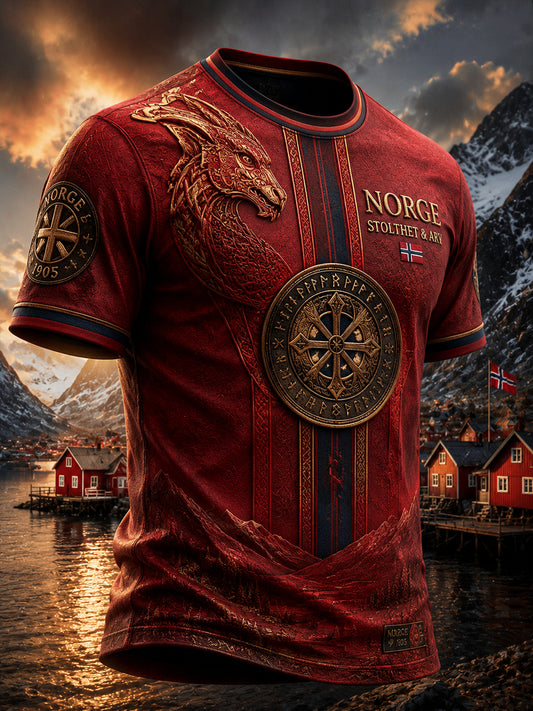 Retro Norsk Tribal Print Lappeteppe Uformell T-skjorte