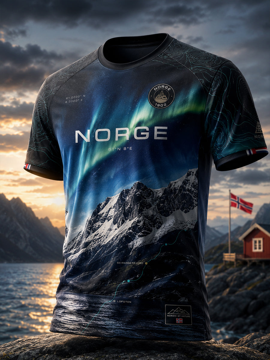 Retro Norsk Snøfjell & Aurora kunsttilskudd T-shirt