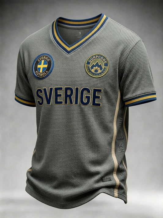 Menn Retro Sverige Fotball elsker 2026 Print Vaffel V-hals Kort ermet T-skjorte