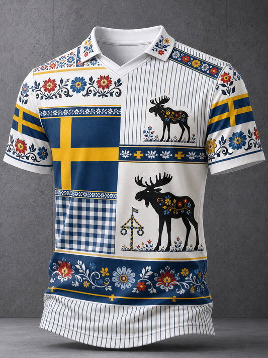 Herregenser med V-hals og kunsttrykk til minne om svensk midtsommer