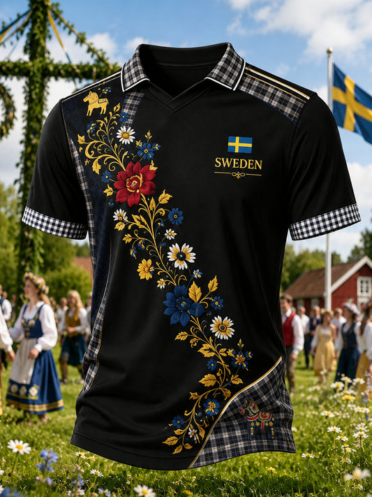 Herregenser med V-hals og kunsttrykk til minne om svensk midtsommer