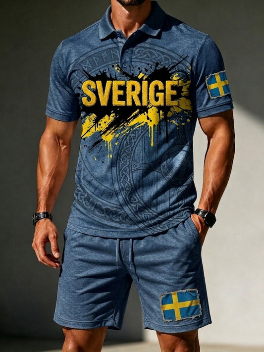 Herresett i retrodesign: svensk fotballentusiast 2026 – trykt polo og shorts til hverdagsbruk