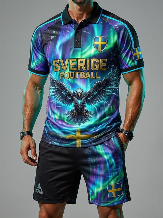 Herresett i retrodesign: svensk fotballentusiast 2026 – trykt polo og shorts til hverdagsbruk