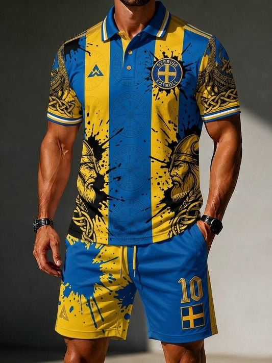 Herresett i retrodesign: svensk fotballentusiast 2026 – trykt polo og shorts til hverdagsbruk