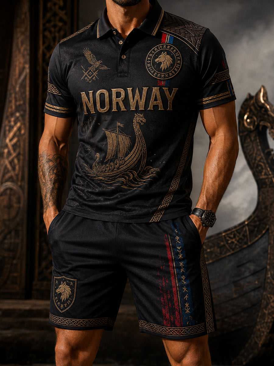 Menns Retro Norsk Fotballfan Kamp Kunsttrykk Poloskjorte 2-delset