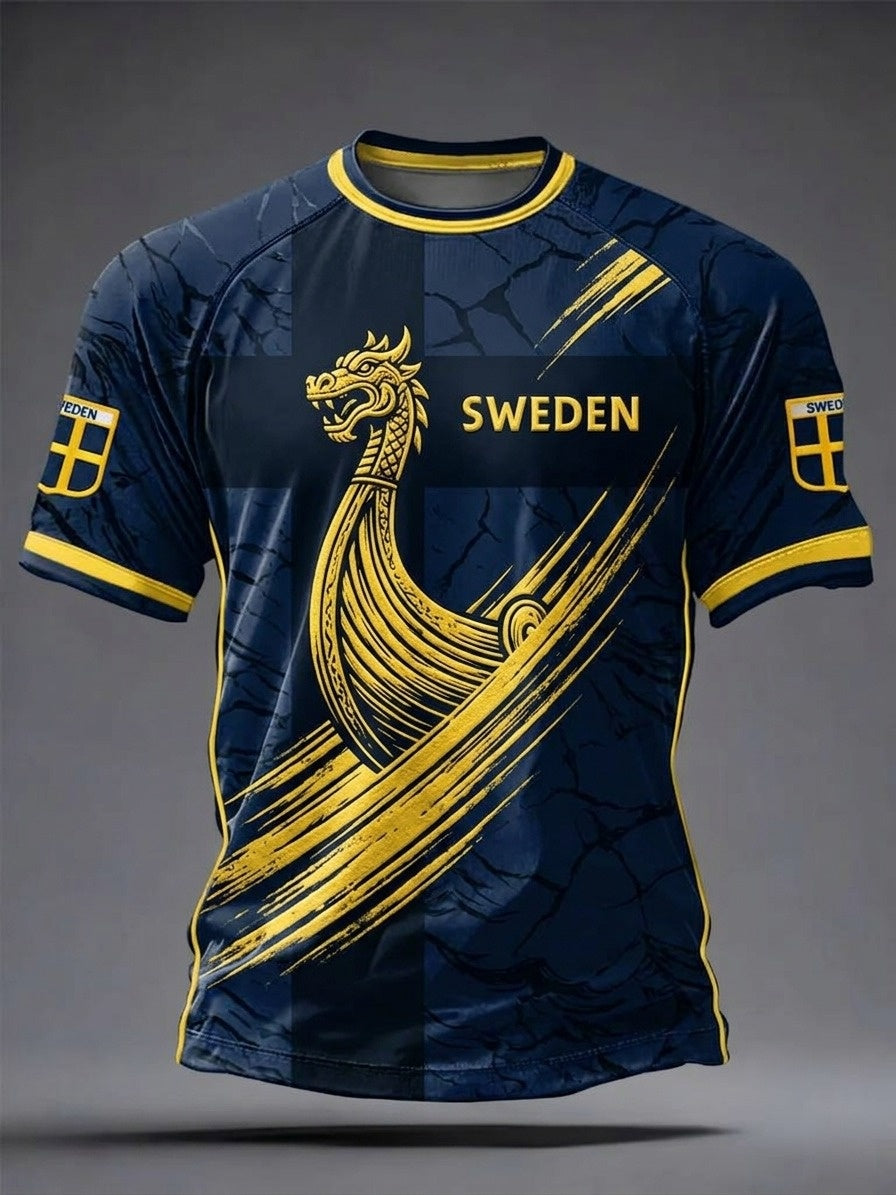 Herrtröja i retrostil med svensk fotbollsmotiv och korta ärmar