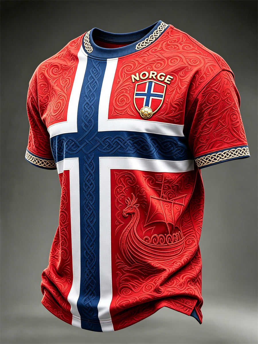 Herrens vikingeskip Norge Fotball og flagg Fargeblock Skriv ut korte ermer t-skjorte