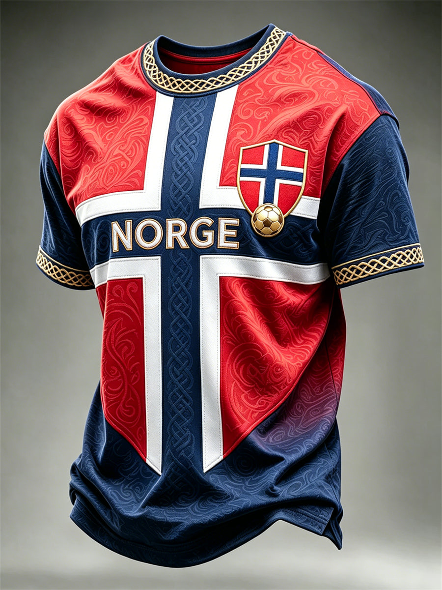 Menns Norge Viking Keltiske Norge Fotball og flagg fargeblokk Skriv ut korte ermer t-skjorte