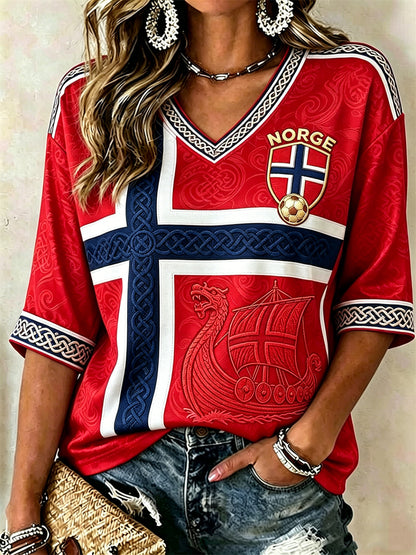Kvinner fotball Viking skip keltisk flagg fargeblokk Skriv ut midt lengde ermer V-hals T-shirt