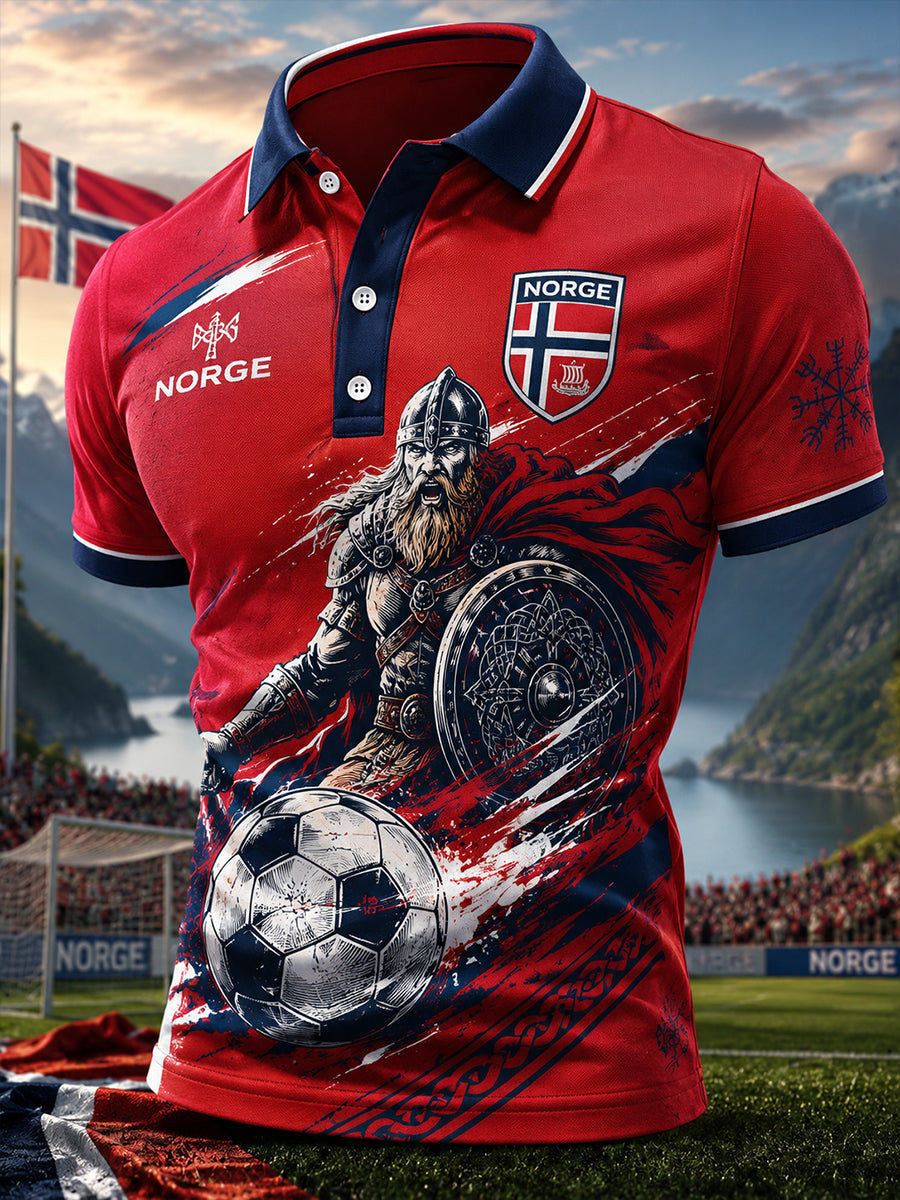Menns polo-skjorte med korte ermer, prydet med et trykk av en vikingkriger og fotballmotiver