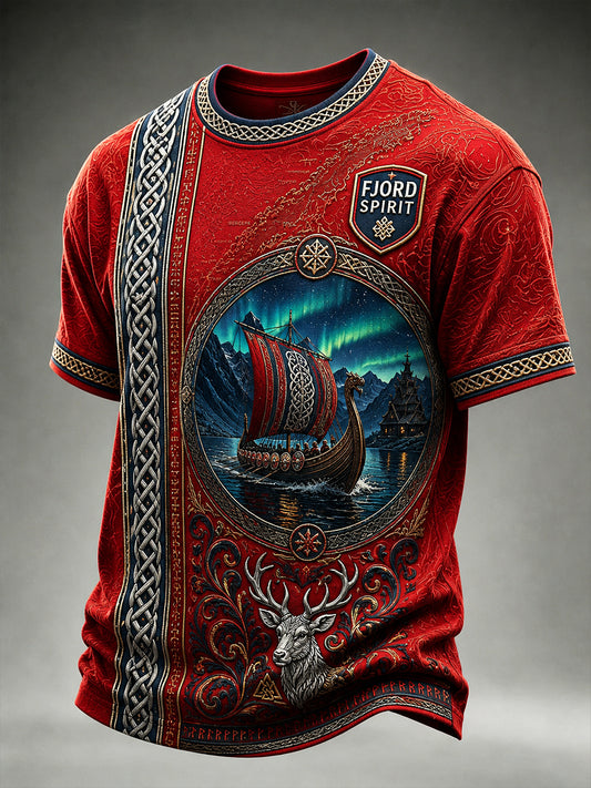 Uformelt T-skjorte med vintage norsk viking- og skandinavisk folkekunsttrykk