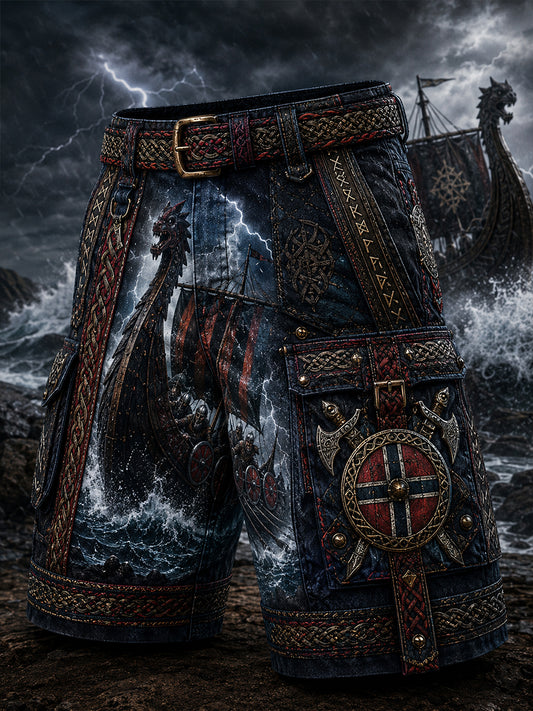 Uformelle shorts med vintage norsk viking- og skandinavisk folkekunsttrykk