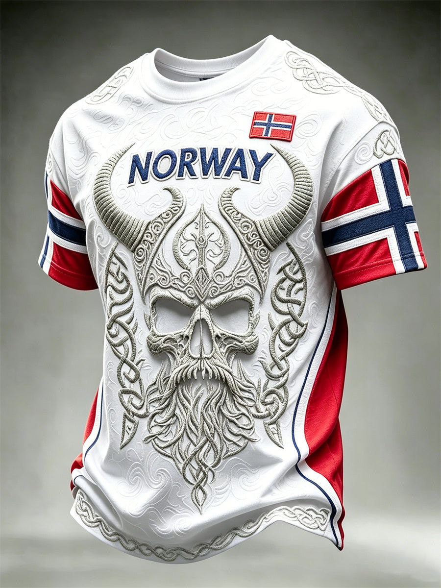 Herrer Norge vikingkriger hodeskalle keltisk knute flaggtrykk t-skjorte med kortermetærmer