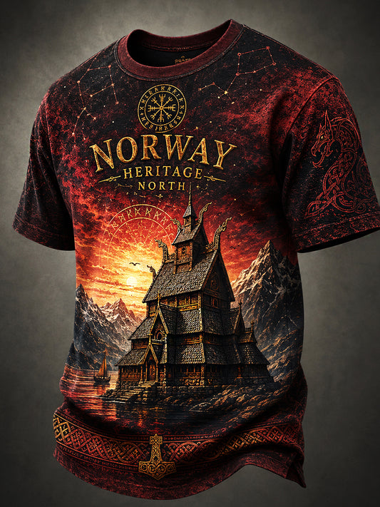 Uformelt T-skjorte med vintage norsk viking- og skandinavisk folkekunsttrykk