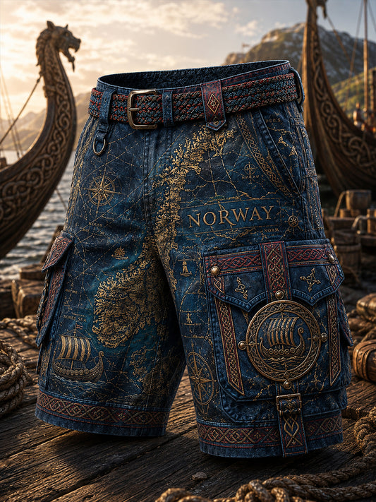 Uformelle shorts med vintage norsk viking- og skandinavisk folkekunsttrykk