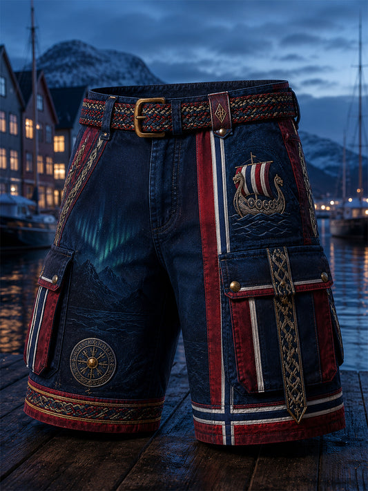 Uformelle shorts med vintage norsk viking- og skandinavisk folkekunsttrykk