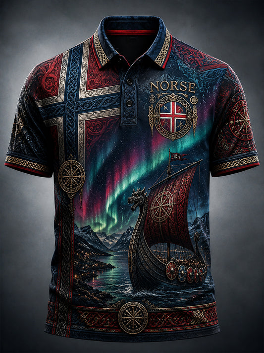 Uformell poloskjorte med vintage norsk viking-/skandinavisk folkemotivtrykk
