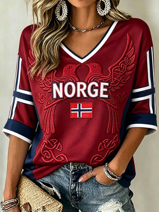 Kvinner Retro norsk vikingemønster trykt midt lengde ermer V-hals T-shirt