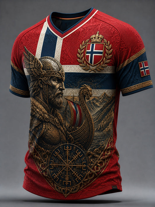 Retro norsk vikingkrigerkunst T-skjorte med V-utringning