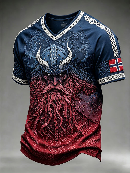 Menns Retro Norske Viking mønstertrykt V-hals T-skjorte