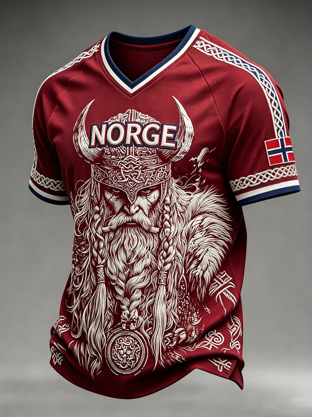 Herrerens retro vikingtrøye med norsk mønster og V-utringning